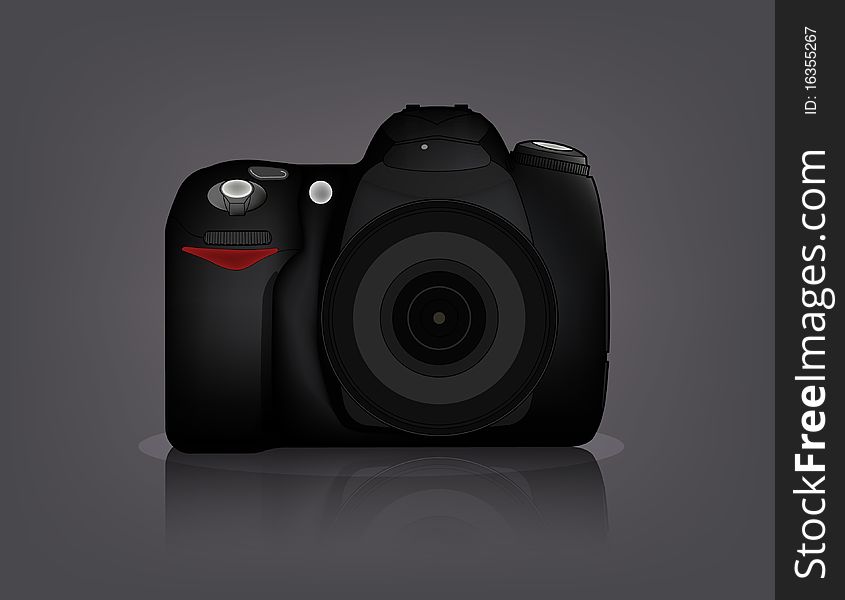 Isolated DSLR camera from front side with lens and built in flash