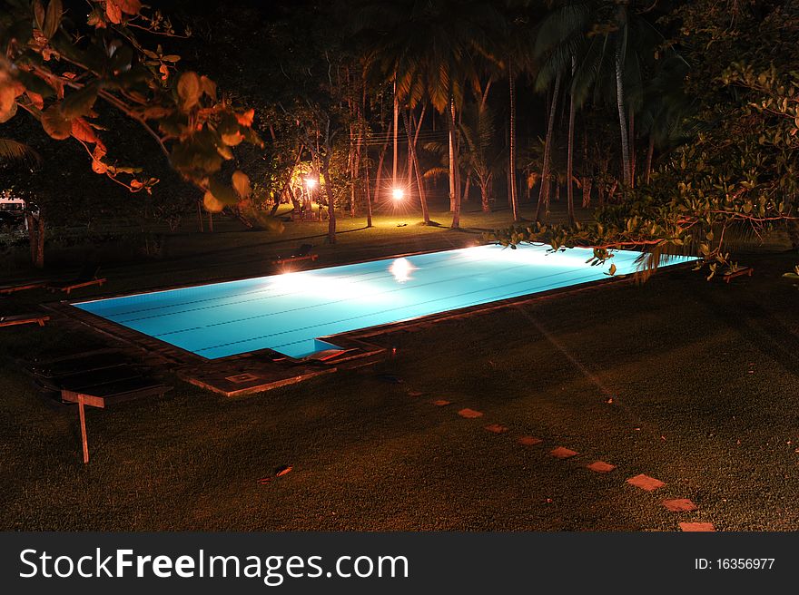 Paradise pool and palms by night. Paradise pool and palms by night