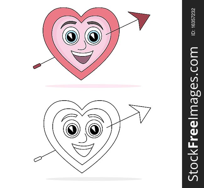 Happy heart cartoon with arrow. The black and white version is useful for coloring book pages for kids.