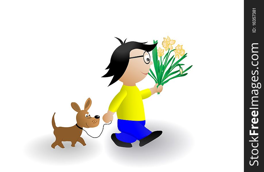 Vector illustration the boy with a dog and a bunch of flowers.