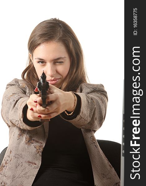 Businesswomen is aiming a revolver