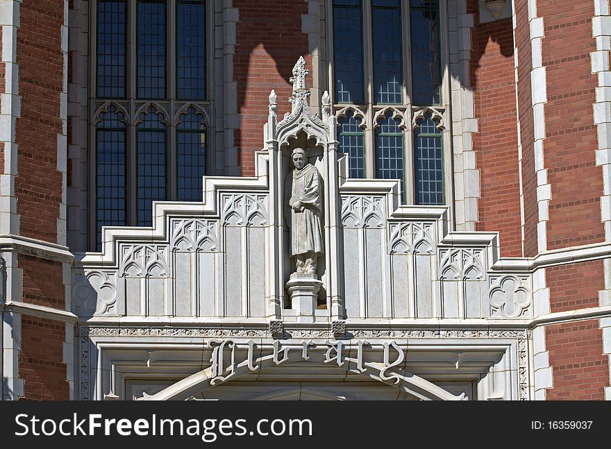 Stone and masonry Gothic details over library entrance. Stone and masonry Gothic details over library entrance.