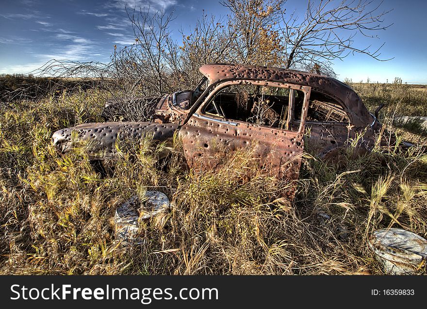 Vintage Car abandoned bullet holes target practice Saskatchewan