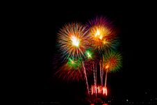 Beautiful Colorful Fireworks Display On The Sea Beach, Amazing Holiday Fireworks Party. Stock Images
