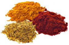 Three Different Powdered Spices On A White Backgro Royalty Free Stock Photos Three Different Powdered Spices On A White Backgro Royalty Free Stock Photos