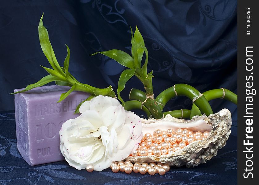 Composition with natural soap on a blue background. Composition with natural soap on a blue background