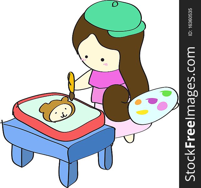 Young girl painting picture on table cartoon  illustration