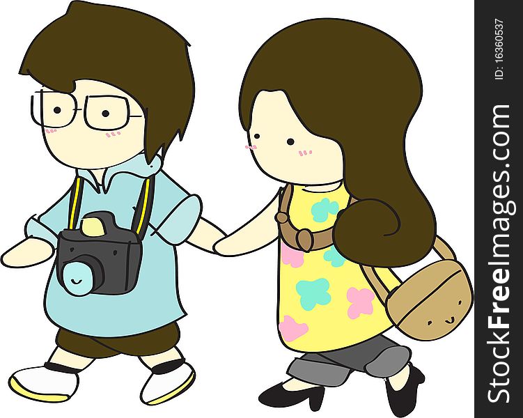 Cute boy and girl walking together cartoon illustration