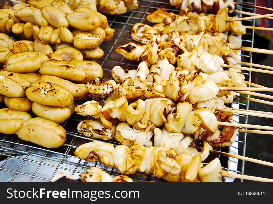 Many of grilled squid in Thailand fresh market. Many of grilled squid in Thailand fresh market