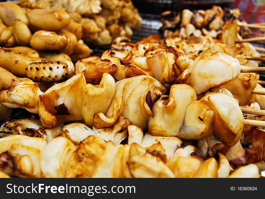 Many of grilled squid in fresh market