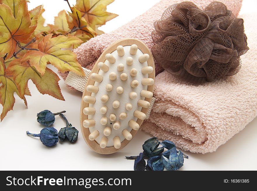 Towel with sponge and massage brush. Towel with sponge and massage brush