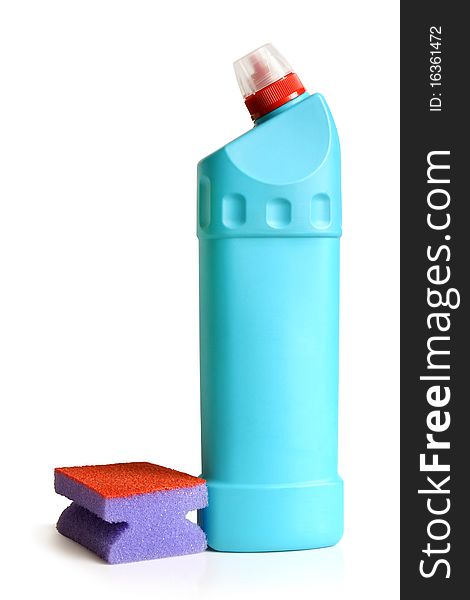 Plastic blue bottle and sponge