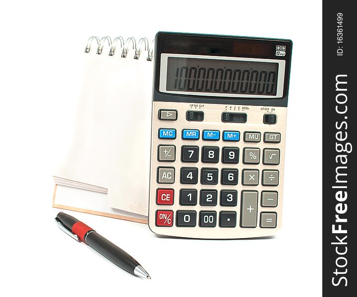 Calculator, a pen, a diary on white background