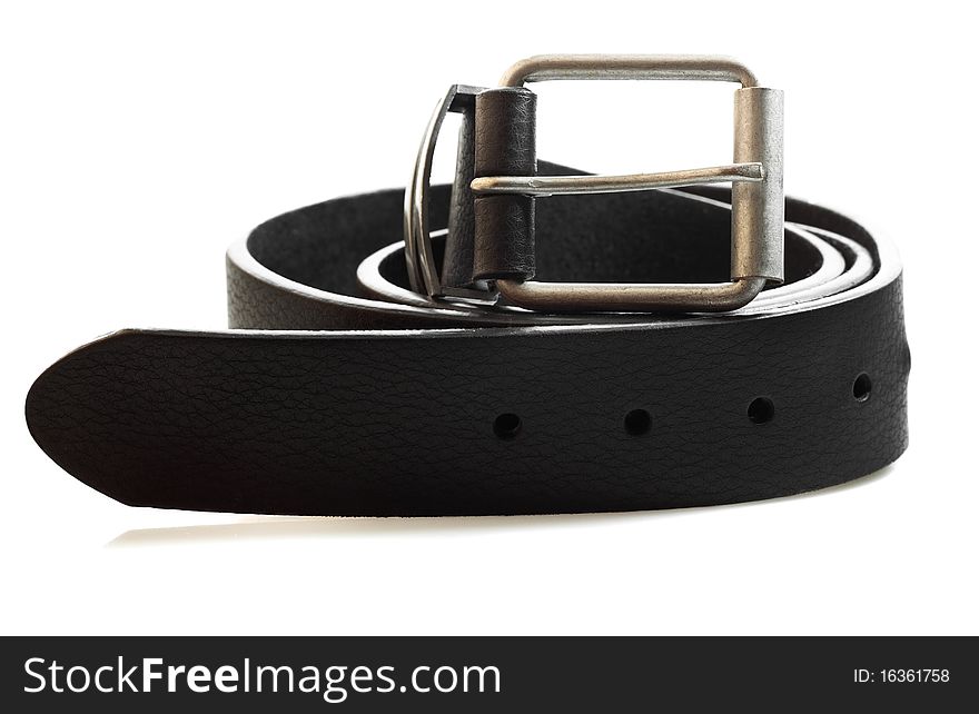Black leather belt on a white background
