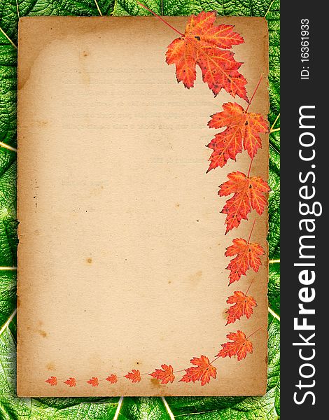 Autumn background with colored leaves on old paper