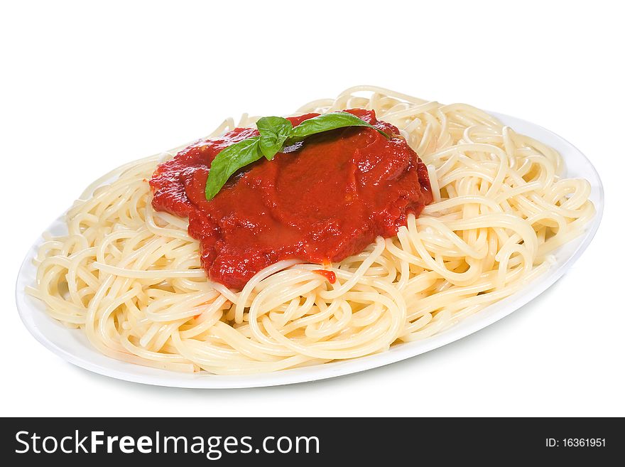 Pasta with tomato sauce on white background