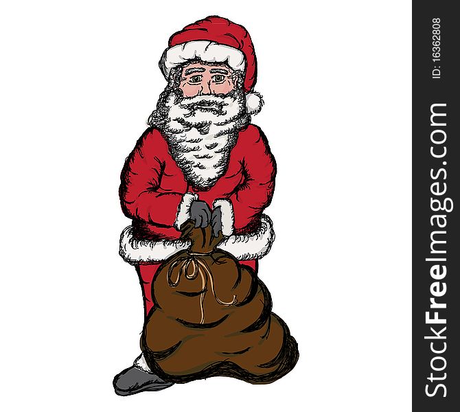 A image of Father Christmas with a large sack of presents hand-drawn in a sketchy style. A image of Father Christmas with a large sack of presents hand-drawn in a sketchy style