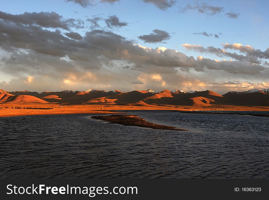 Scenery of lake and mountains at sunset in Tibet. Scenery of lake and mountains at sunset in Tibet