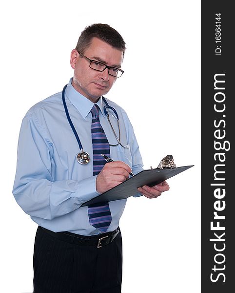 Doctor isolated on white. Looks frankly at camera. Writes notes on clipboard. Doctor isolated on white. Looks frankly at camera. Writes notes on clipboard.