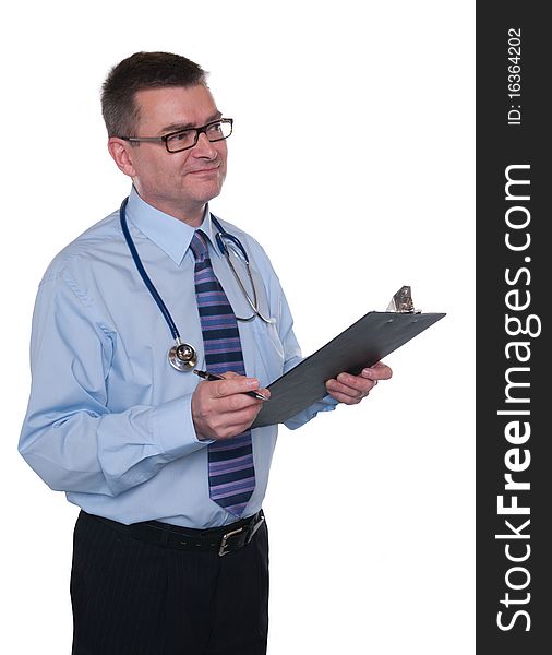 Doctor isolated on white. Smiles to right. Writing notes on clipboard. Doctor isolated on white. Smiles to right. Writing notes on clipboard.