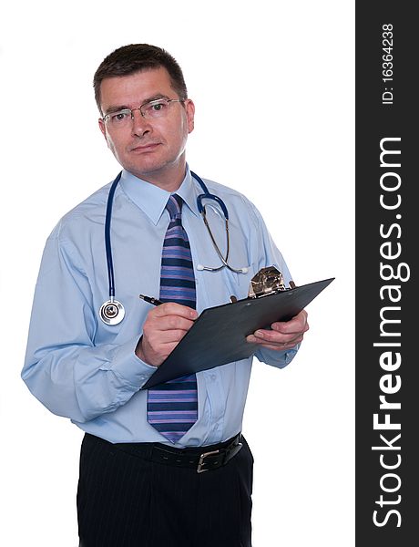 Doctor isolated on white. Looks at camera with a friendly, attentive gaze. Writing on a clip board. Doctor isolated on white. Looks at camera with a friendly, attentive gaze. Writing on a clip board.