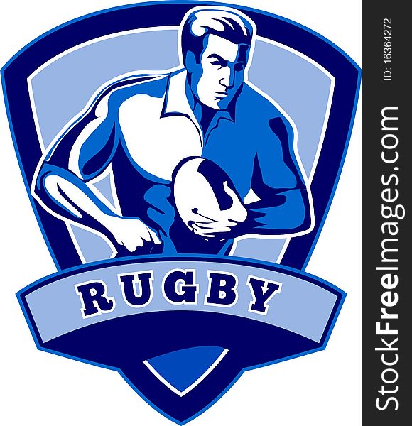 Illustration of a Rugby player running with the ball with shield in the background. Illustration of a Rugby player running with the ball with shield in the background