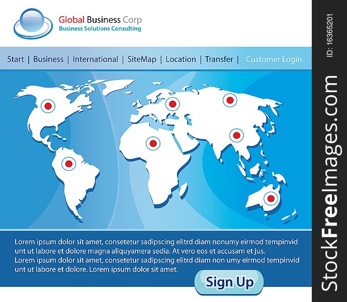 Business website template with world map in stylish blue.