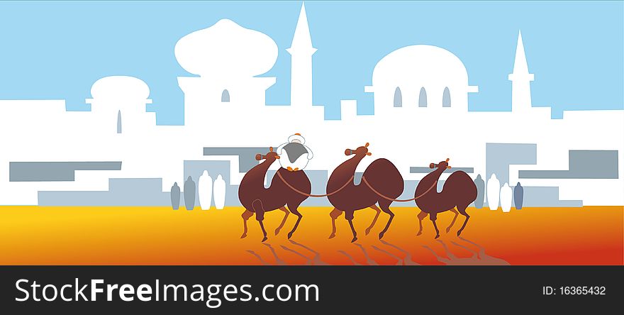 Three camels and white houses