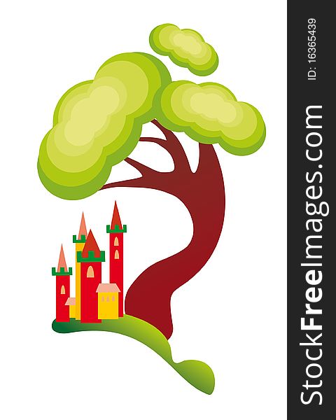 Castle and green tree on white. Castle and green tree on white