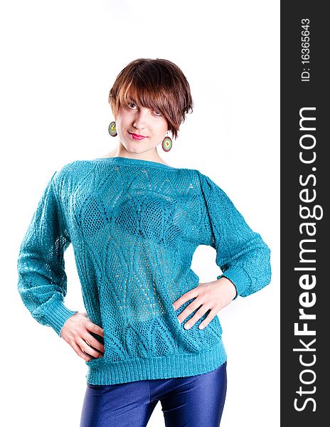 Woman In The Blue Sweater On The White Background