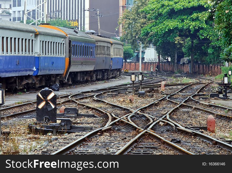 Mess up of crossing railway track junction at Bangkok Station Thailand with wagon