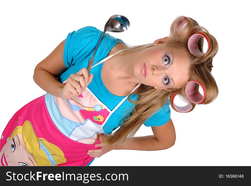 Funny housewife in curlers on a white background