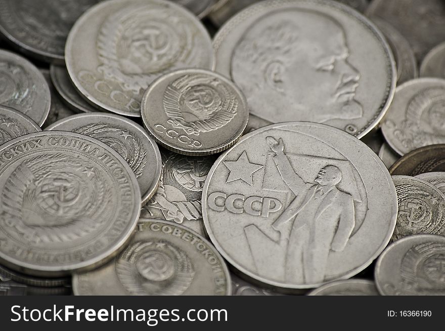 Soviet grunge coins pile closeup. Soviet grunge coins pile closeup