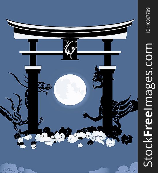 Torii, gate in a kingdom of the dead, illustration