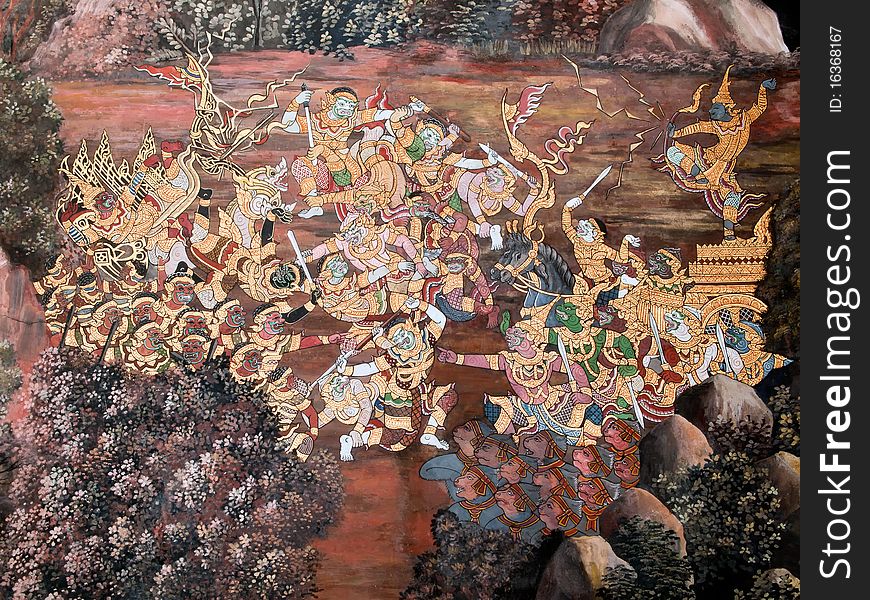 Thai art gold painting on wall