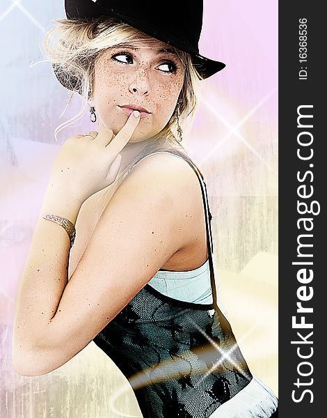 Illustration and Photograph combination of beautiful young woman with freckles in hat over pastel grunge background. Illustration and Photograph combination of beautiful young woman with freckles in hat over pastel grunge background.