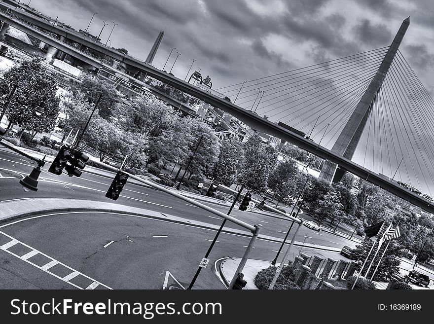 Black and White view of the Zakim Bridge in Boston, Massachusetts - USA.