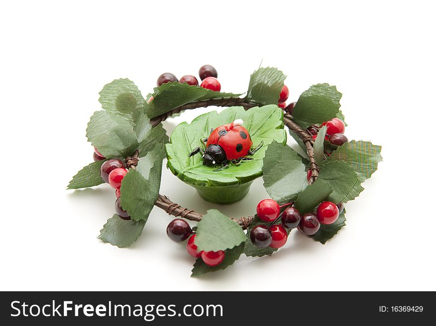 Wreath with ladybird onto leaves