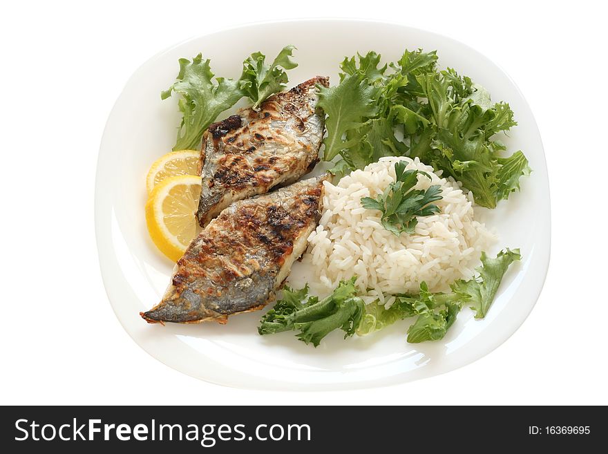 Fried flounder with lettuce and rice. Fried flounder with lettuce and rice