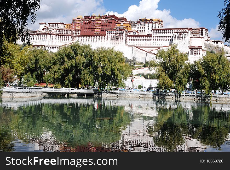 Scenery of the famous Potala Palace in Lhasa,Tibet,with a blurred mirror in the pond.