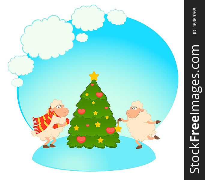 Cartoon funny sheep dresses up a fir-tree for a design. Cartoon funny sheep dresses up a fir-tree for a design