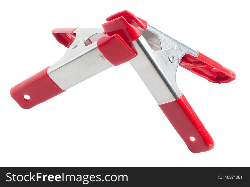 Two spring clamps with red PVC coated hands and tips