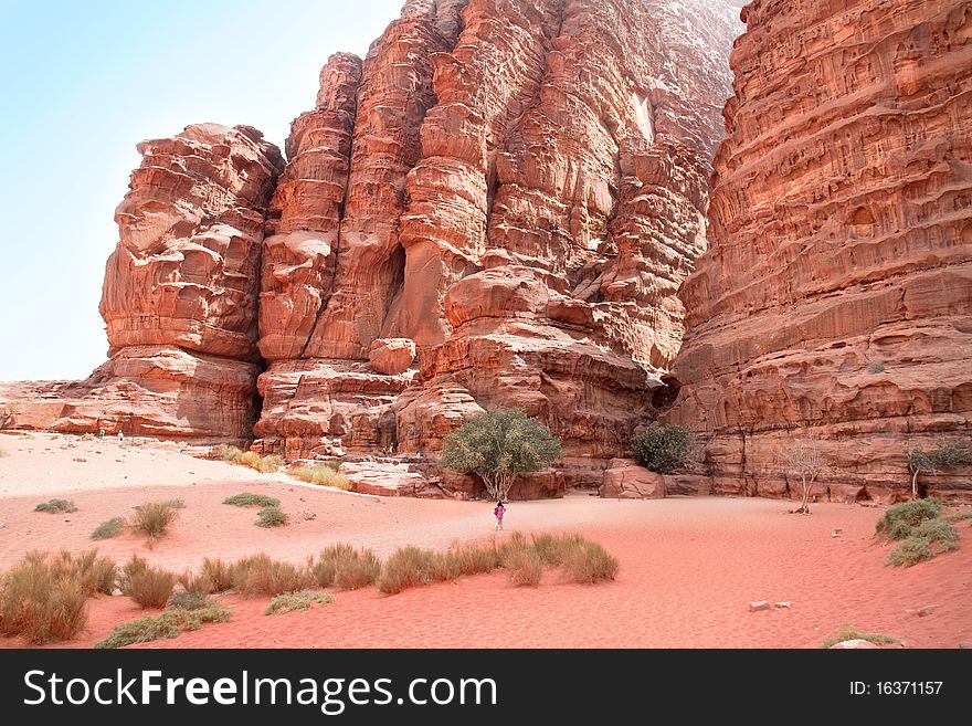 Huge Cliff Of Khazali Canyon In Wadi Rum, Jordan