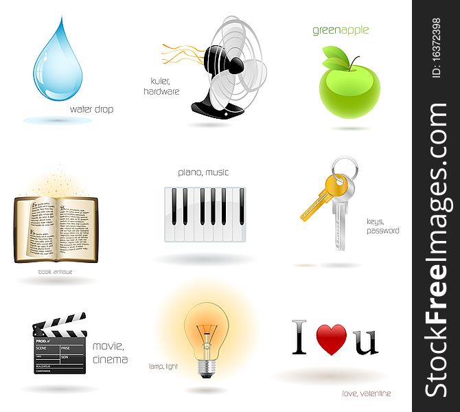 9 icons for web and other needs: water drop, kuler, green apple, fairytale book, piano keyboard, keys, lamp, I love you. 9 icons for web and other needs: water drop, kuler, green apple, fairytale book, piano keyboard, keys, lamp, I love you