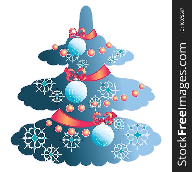 Drawing of a blue Christmas tree with toys and tapes. The isolated image. Drawing of a blue Christmas tree with toys and tapes. The isolated image