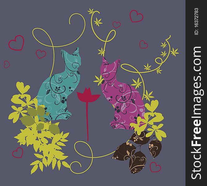 Cats in love - abstract colorful autumn vector illustration