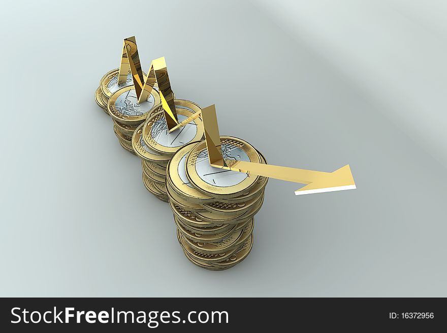 A stack of one euro coins with arrow