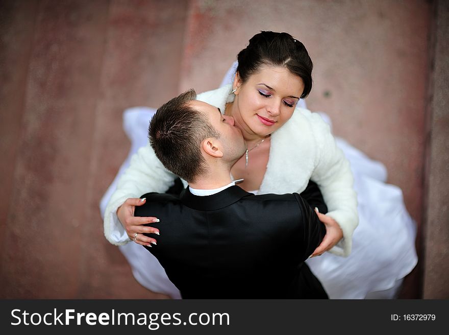 Groom kissing his bride on the neck. Groom kissing his bride on the neck