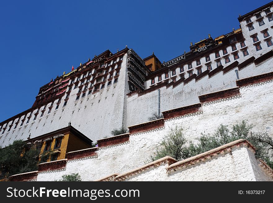 Close-up view of the famous Potala Palace in Lhasa,Tibet.Details.