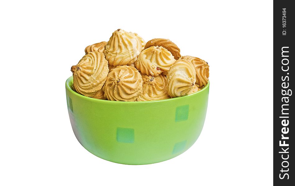 Green Bowl With Cookies Isolated Over White